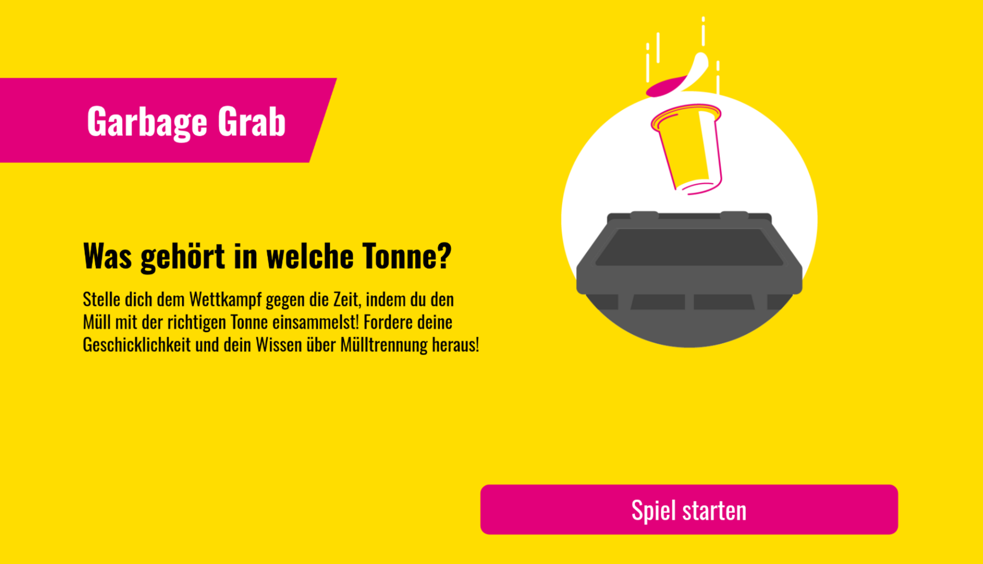 Startbildschirm des Spiels "Garbage Grab" mit dem Titel, einer Beschreibung zur Mülltrennung und einem Button zum Starten des Spiels.